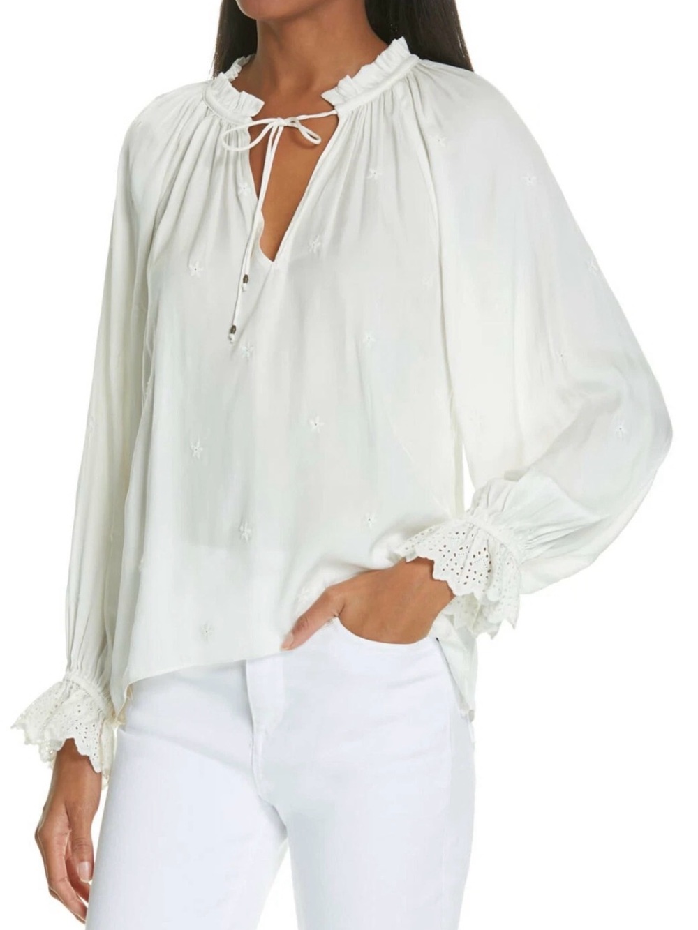 Ulla Johnson White Ruffle Tie-Neck Eyelet Blouse